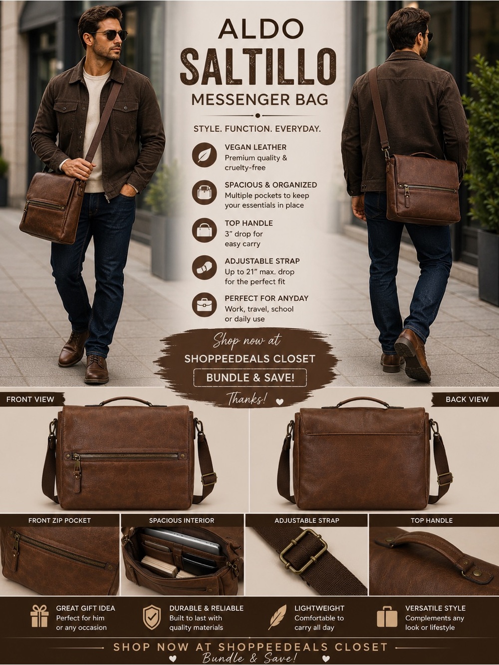 ALDO Saltillo Brown Vegan Leather Messenger Bag – Foldover Crossbody Satchel